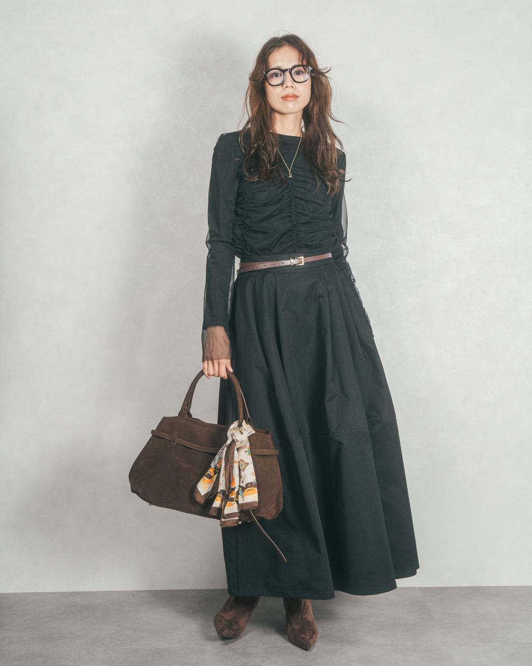 ［SET］【2枚SET】チュールシャーリングトップス＆リブトップス+コクーンシルエットロングスカート（2SET）