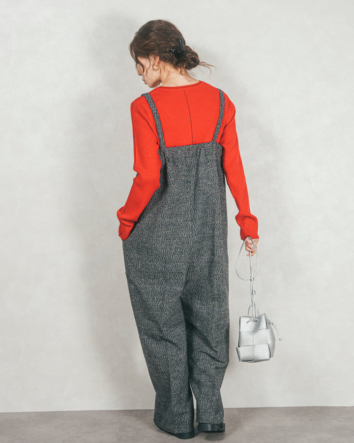 ［SET］Line Rib クルーネックニット+Tweedベロアサロペット（2SET）