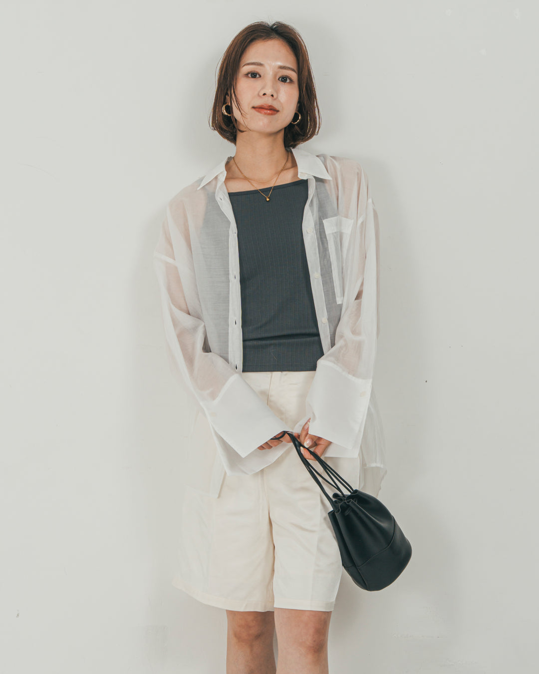 ［SET］Clear Sheer オーバーシャツ + Vintageサテン　ハーフパンツ（2SET）