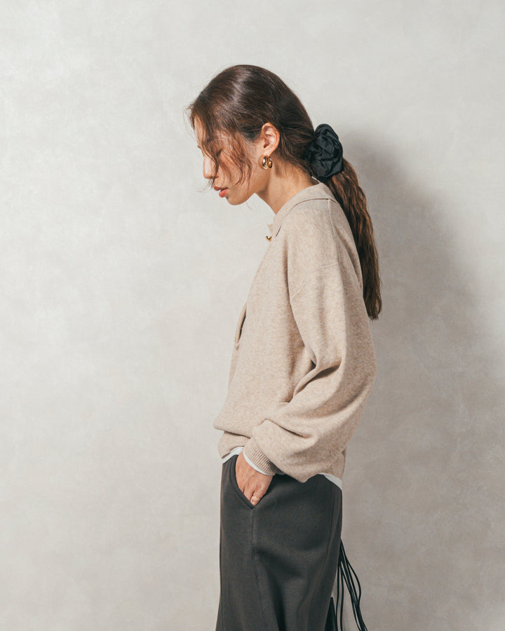 ［SET］ボタンデザインポロニット+Relax 裏起毛カーブパンツ（2SET）