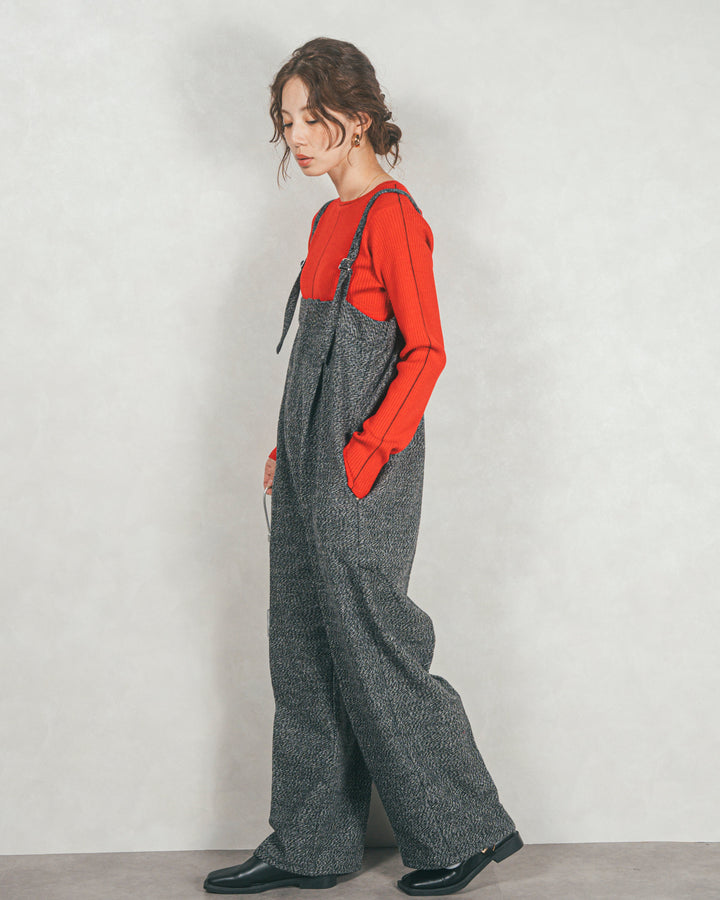 ［SET］Line Rib クルーネックニット+Tweedベロアサロペット（2SET）