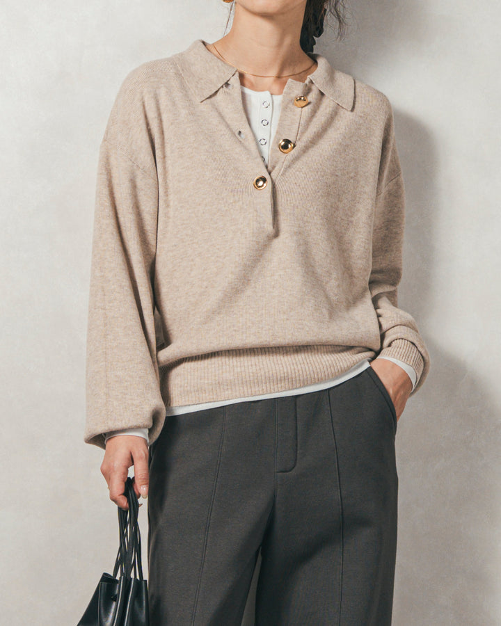 ［SET］ボタンデザインポロニット+Relax 裏起毛カーブパンツ（2SET）