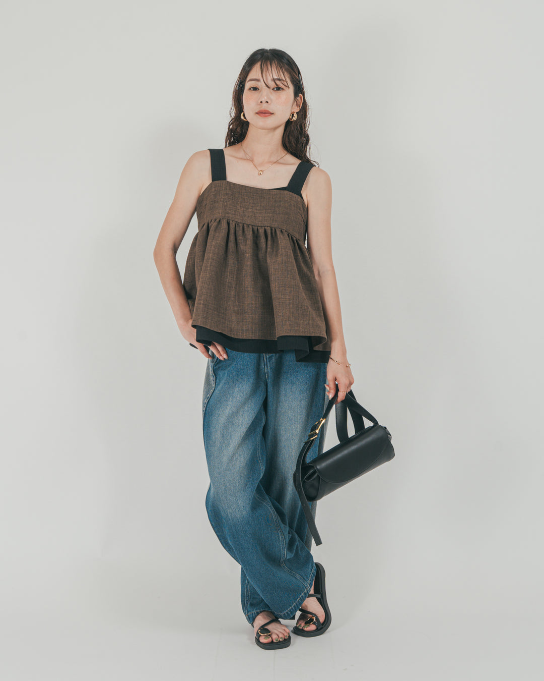 ［SET］スラブTweedバイカラーティアードキャミ + 10oz サイドタック リラックスデニムパンツ（2SET）