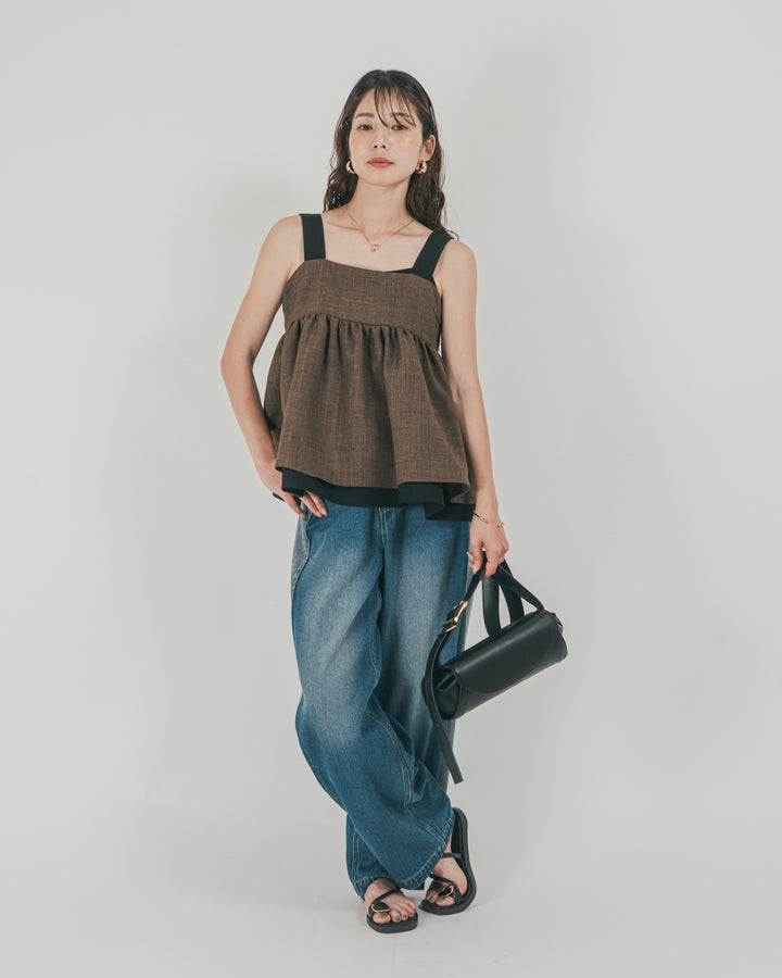 ［SET］スラブTweedバイカラーティアードキャミ + 10oz サイドタック リラックスデニムパンツ（2SET）