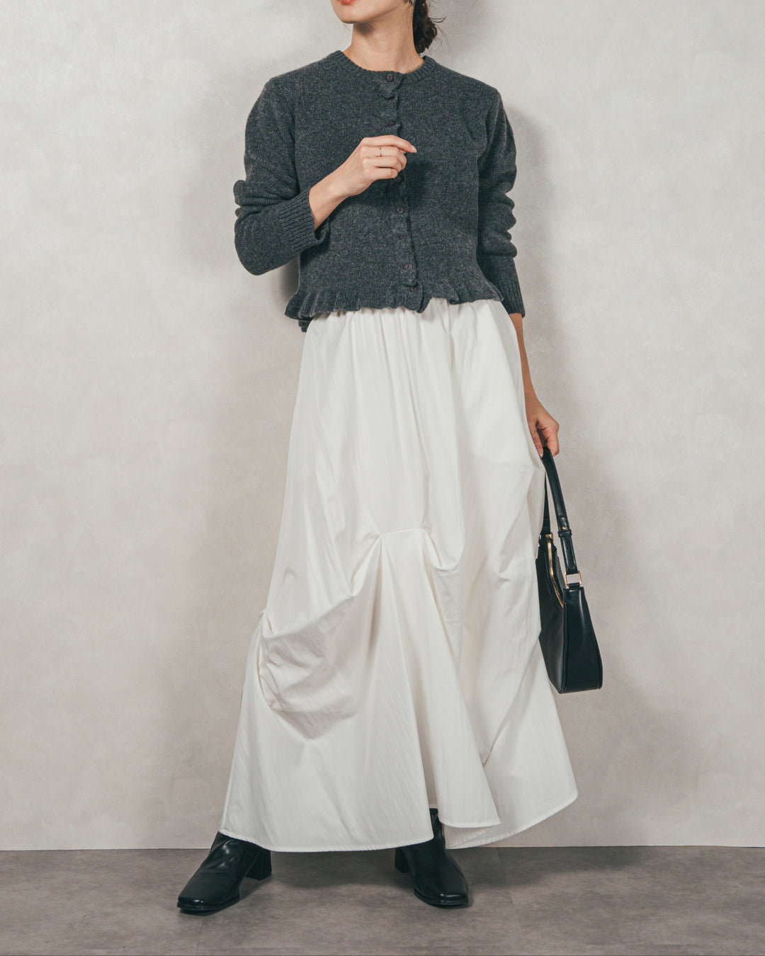 ［SET］フロントフリルメランジニットカーデ+ヴィンテージブロードランダムタックスカート（2SET）