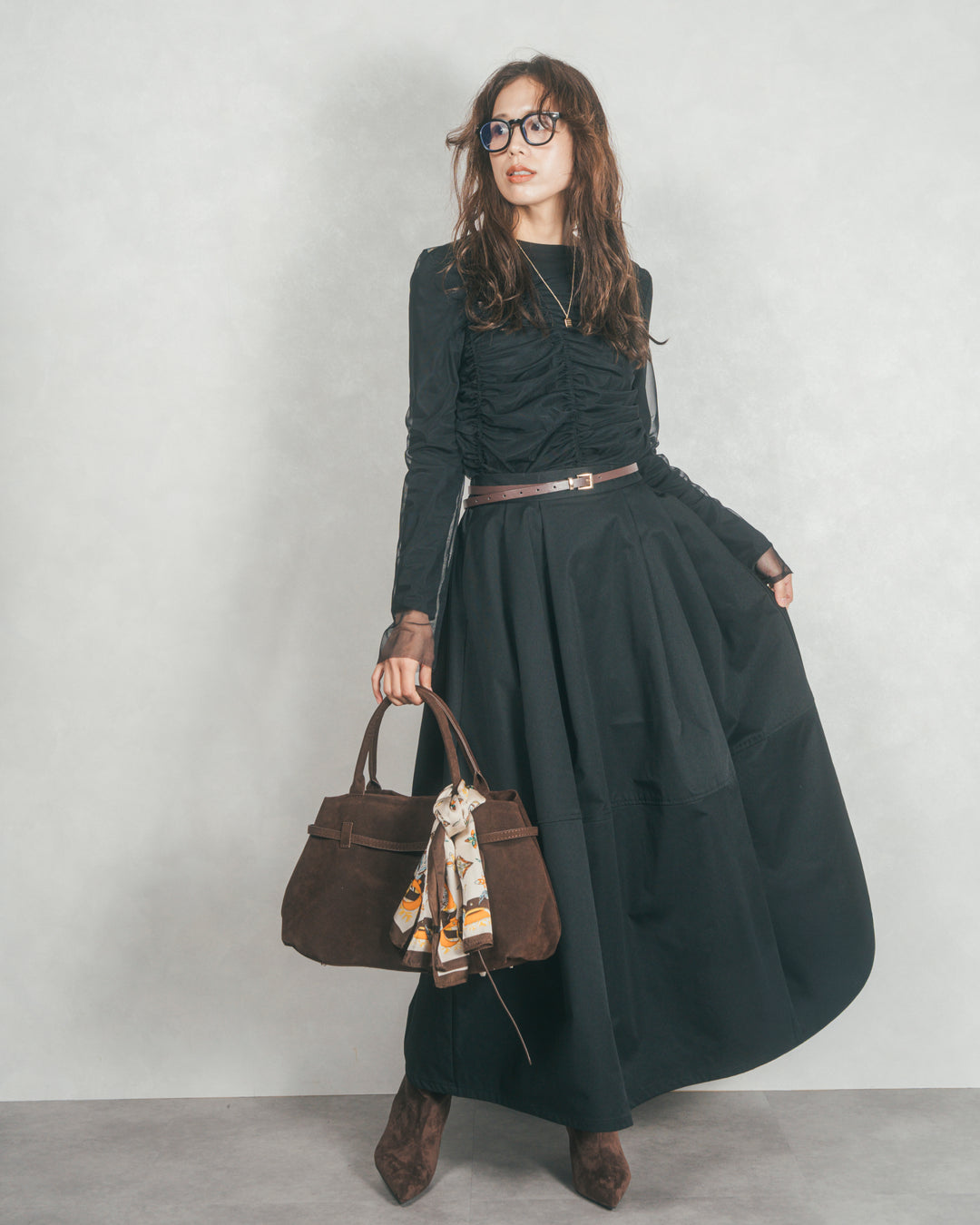 ［SET］【2枚SET】チュールシャーリングトップス＆リブトップス+コクーンシルエットロングスカート（2SET）