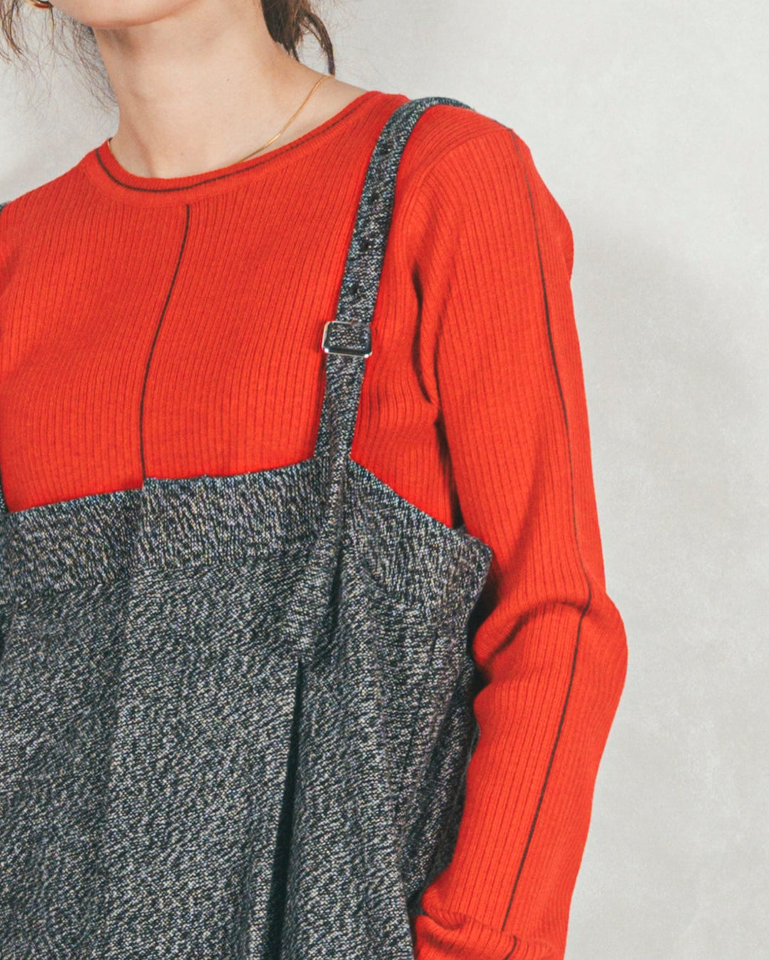 ［SET］Line Rib クルーネックニット+Tweedベロアサロペット（2SET）