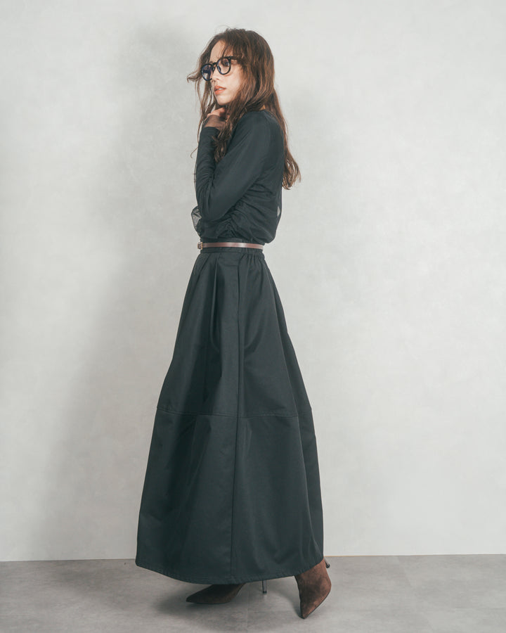 ［SET］【2枚SET】チュールシャーリングトップス＆リブトップス+コクーンシルエットロングスカート（2SET）