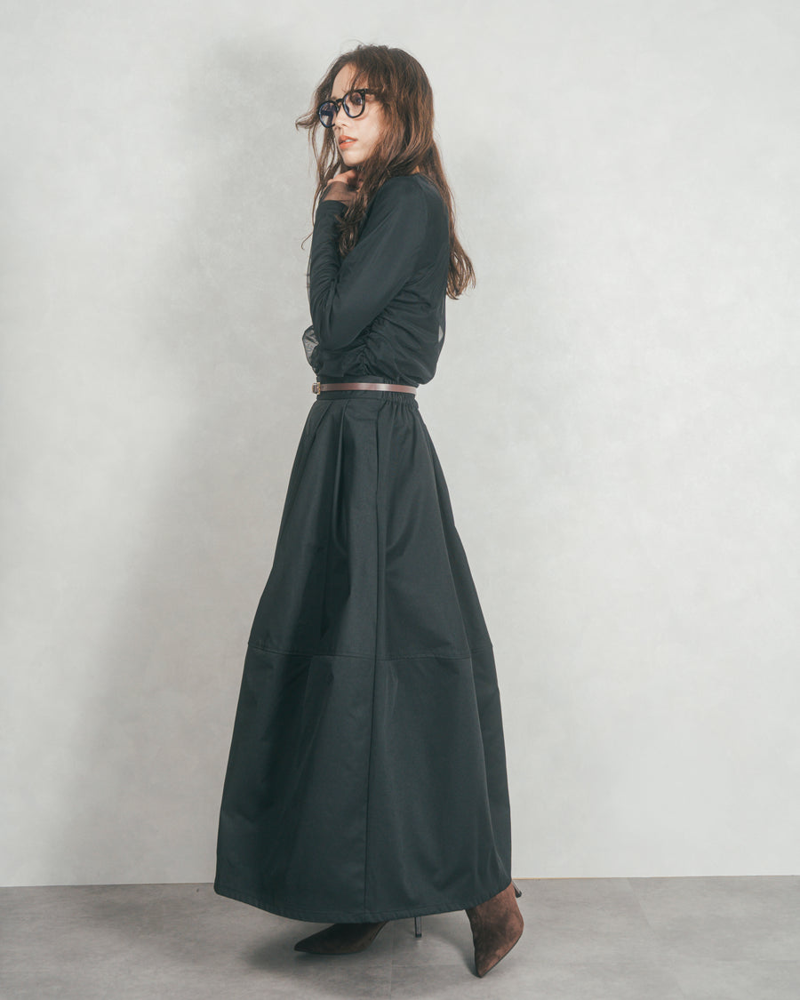 ［SET］【2枚SET】チュールシャーリングトップス＆リブトップス+コクーンシルエットロングスカート（2SET）