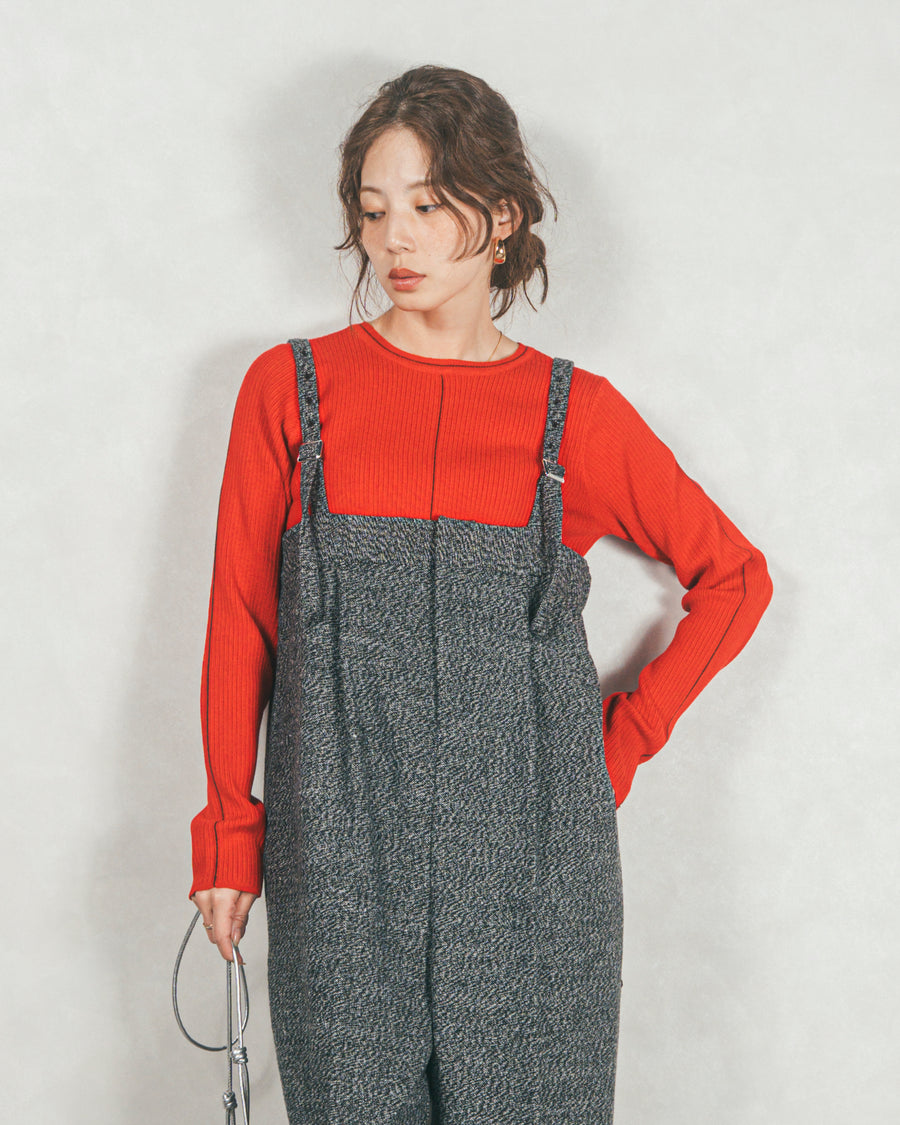 ［SET］Line Rib クルーネックニット+Tweedベロアサロペット（2SET）