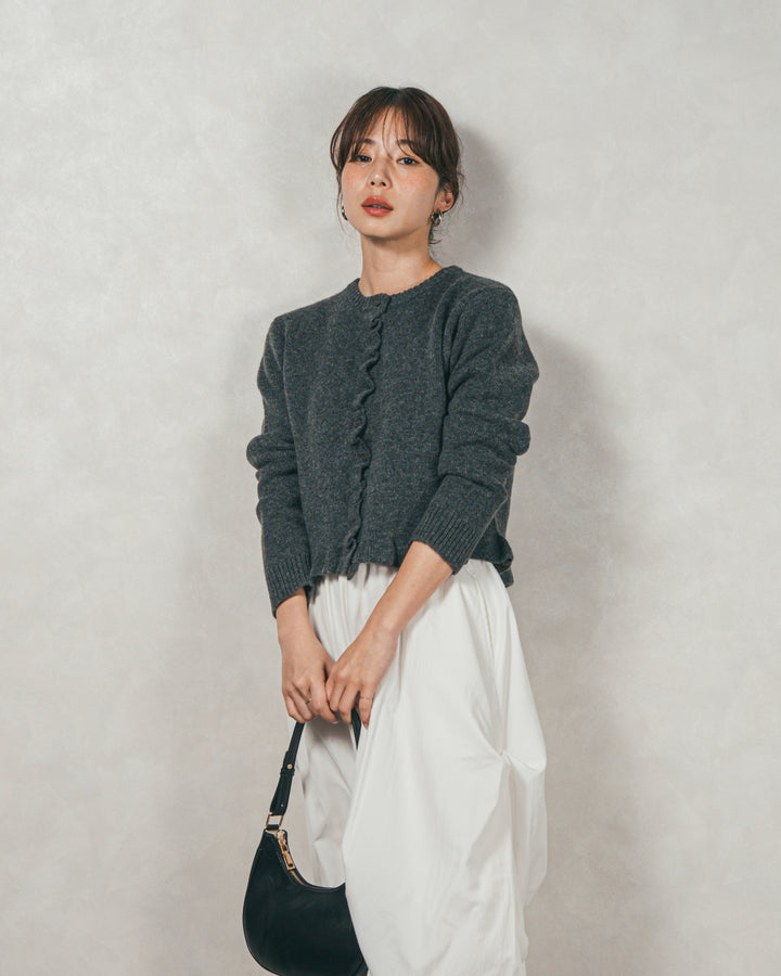 ［SET］フロントフリルメランジニットカーデ+ヴィンテージブロードランダムタックスカート（2SET）