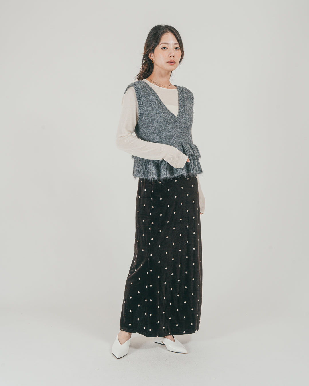 ［SET］2Way モヘアダブルFrillベスト + Dot ベロアスカート（2SET）
