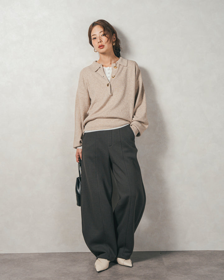 ［SET］ボタンデザインポロニット+Relax 裏起毛カーブパンツ（2SET）