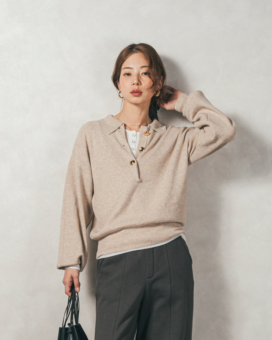 ［SET］ボタンデザインポロニット+Relax カーブパンツ（2SET）