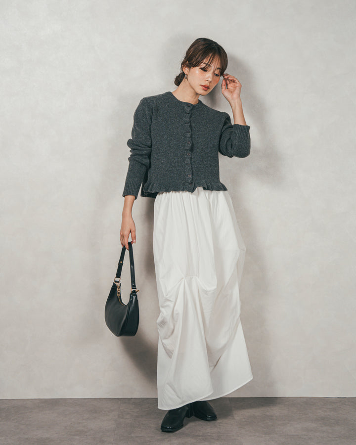 ［SET］フロントフリルメランジニットカーデ+ヴィンテージブロードランダムタックスカート（2SET）