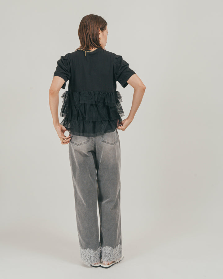 ［SET］チュールフリル ペプラムTシャツ + 接触冷感 10oz裾レースデニム（2SET）