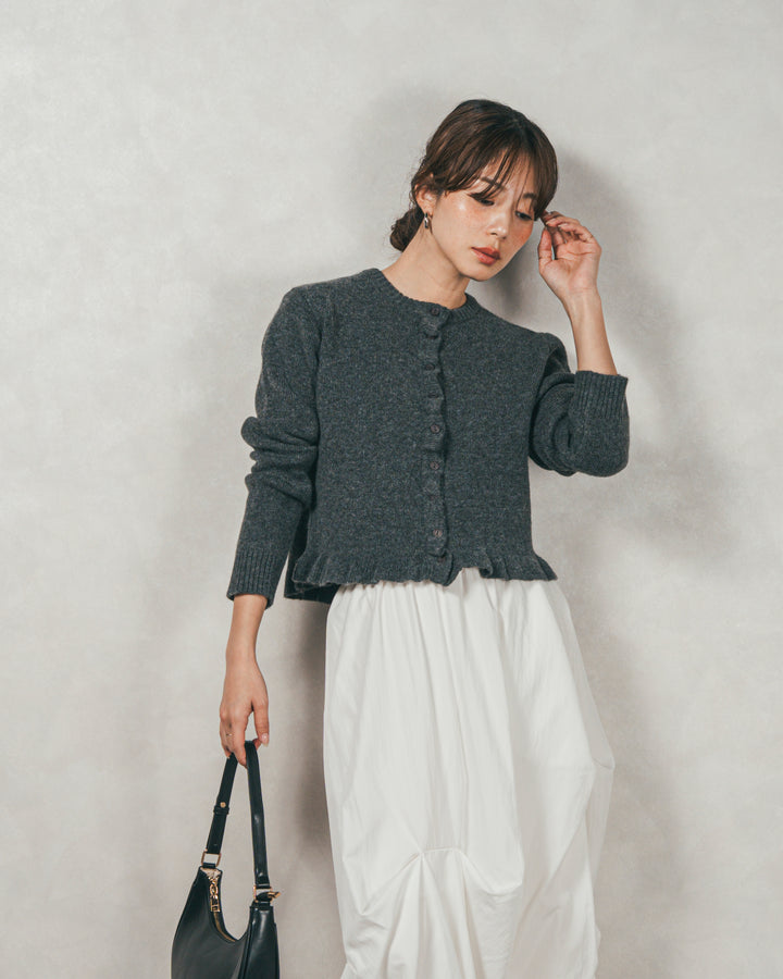 ［SET］フロントフリルメランジニットカーデ+ヴィンテージブロードランダムタックスカート（2SET）