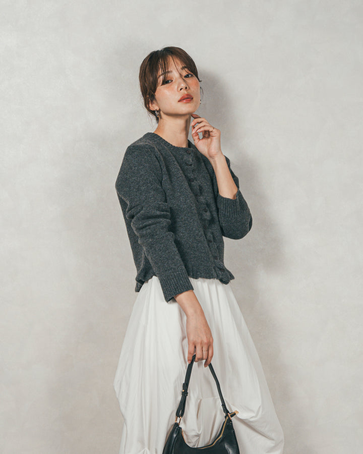 ［SET］フロントフリルメランジニットカーデ+ヴィンテージブロードランダムタックスカート（2SET）