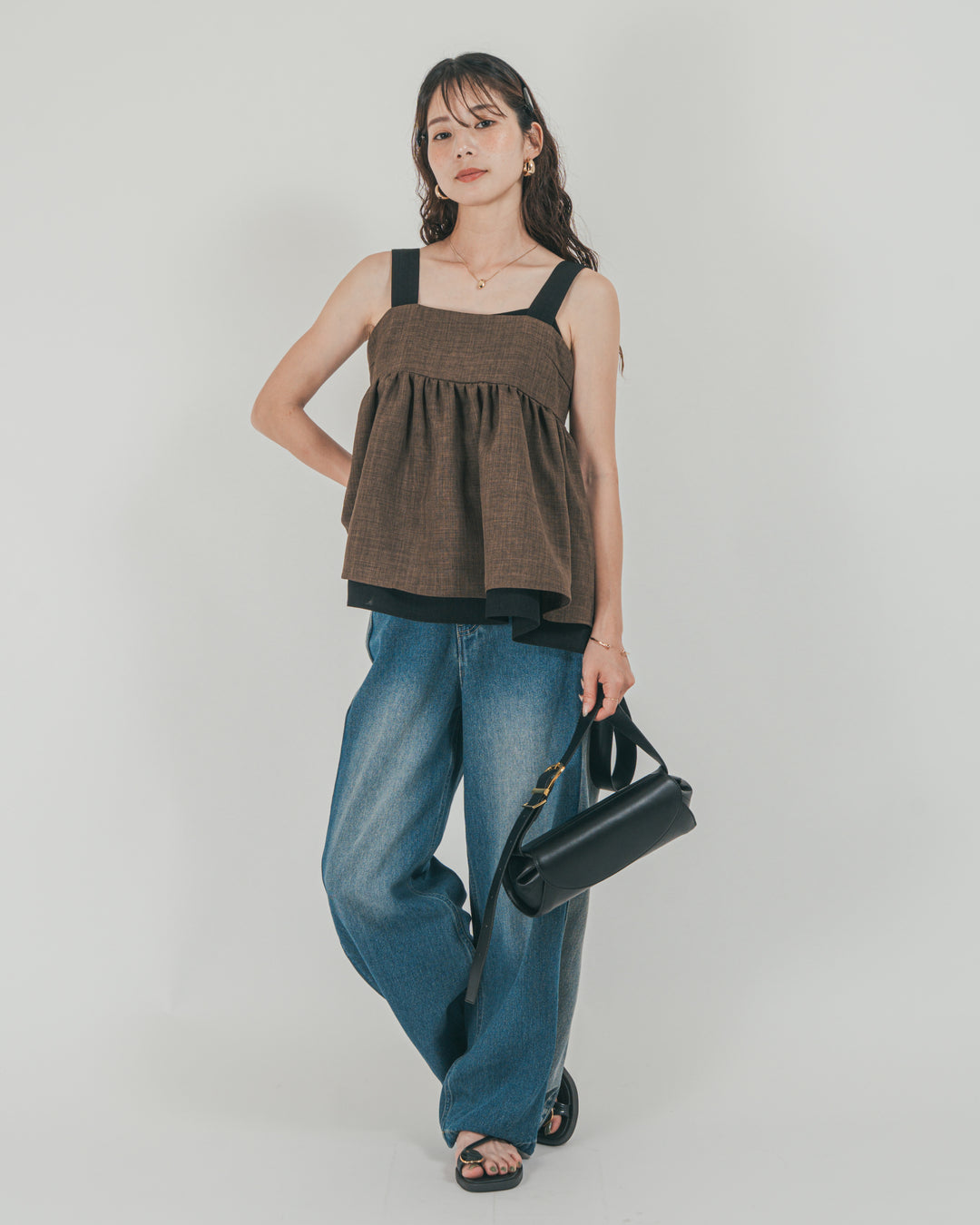 ［SET］スラブTweedバイカラーティアードキャミ + 10oz サイドタック リラックスデニムパンツ（2SET）