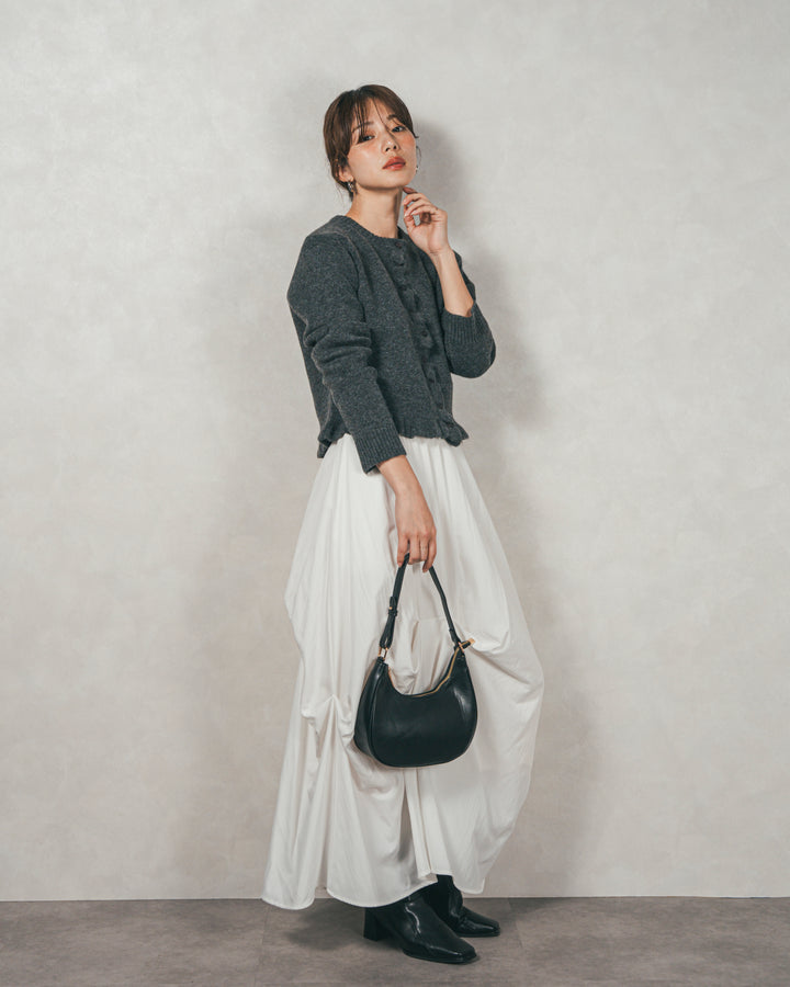 ［SET］フロントフリルメランジニットカーデ+ヴィンテージブロードランダムタックスカート（2SET）