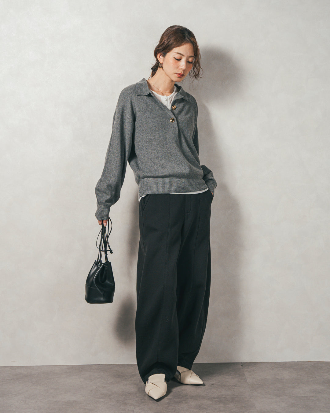 ［SET］ボタンデザインポロニット+Relax 裏起毛カーブパンツ（2SET）