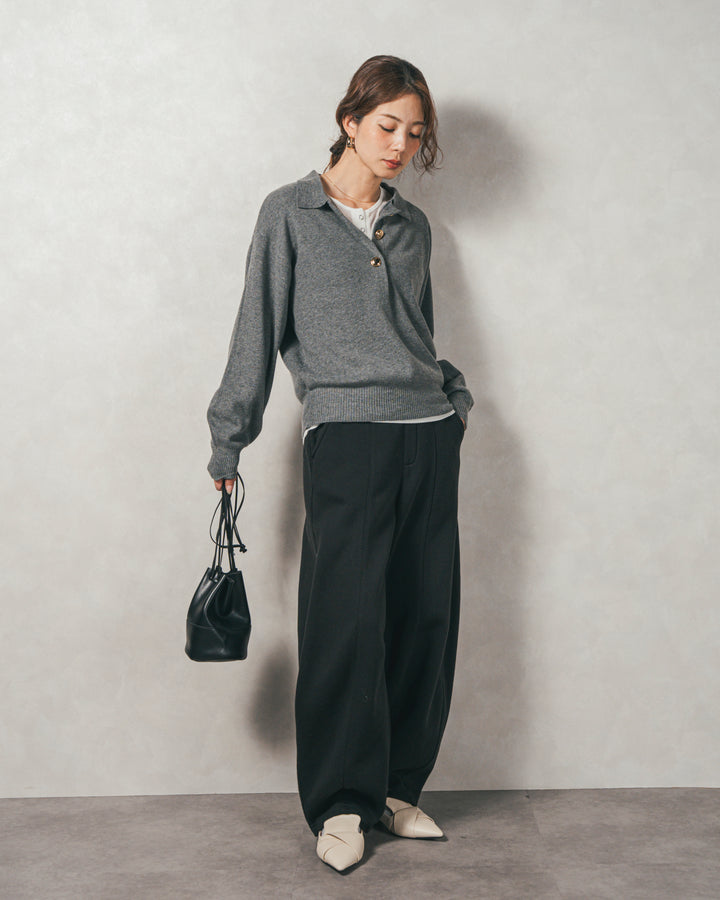 ［SET］ボタンデザインポロニット+Relax 裏起毛カーブパンツ（2SET）