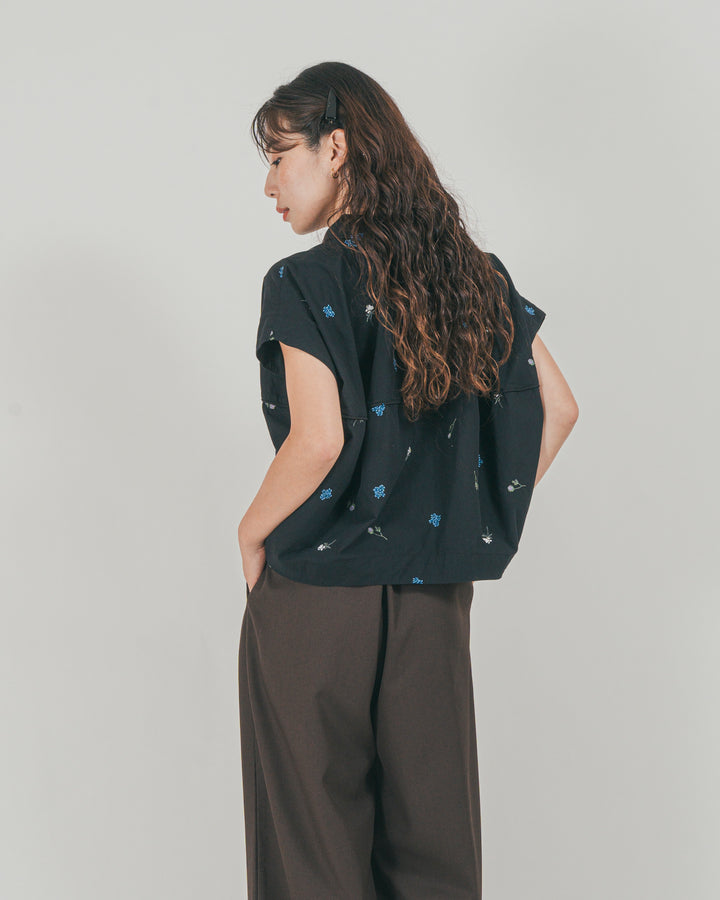 ［SET］Flower刺繍コクーンシャツ + ダブルタック ハイウエストワイドパンツ（2SET）