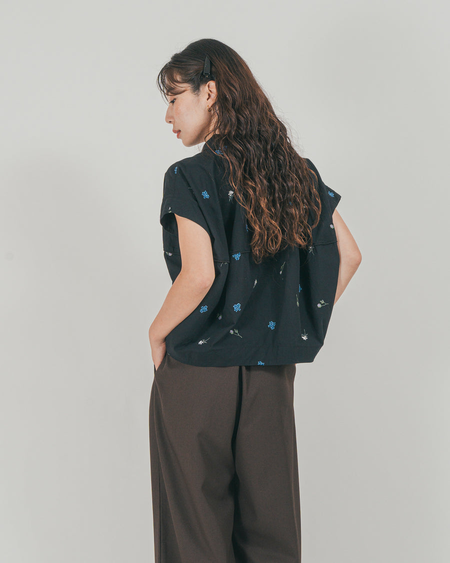 ［SET］Flower刺繍コクーンシャツ + ダブルタック ハイウエストワイドパンツ（2SET）