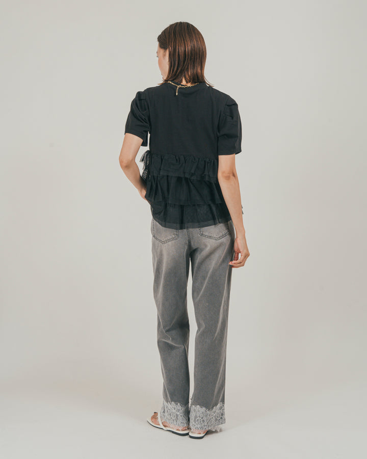 ［SET］チュールフリル ペプラムTシャツ + 接触冷感 10oz裾レースデニム（2SET）