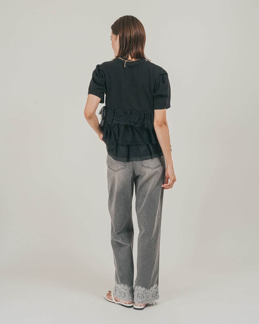 ［SET］チュールフリル ペプラムTシャツ + 接触冷感 10oz裾レースデニム（2SET）