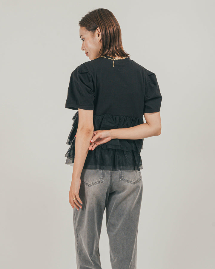 ［SET］チュールフリル ペプラムTシャツ + 接触冷感 10oz裾レースデニム（2SET）