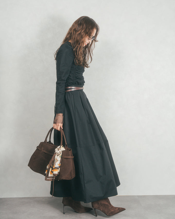 ［SET］【2枚SET】チュールシャーリングトップス＆リブトップス+コクーンシルエットロングスカート（2SET）