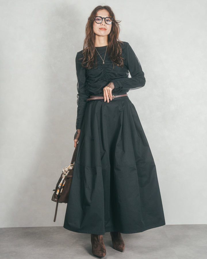 ［SET］【2枚SET】チュールシャーリングトップス＆リブトップス+コクーンシルエットロングスカート（2SET）