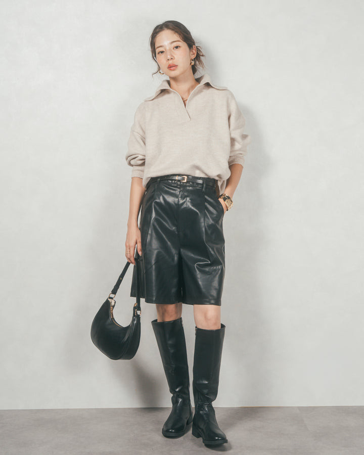 ［SET］サイドスリット襟付きスキッパーニット+レザーライクハーフパンツ（2SET）