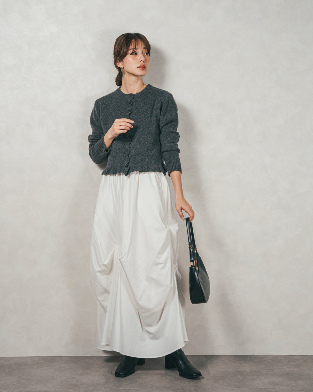 ［SET］フロントフリルメランジニットカーデ+ヴィンテージブロードランダムタックスカート（2SET）