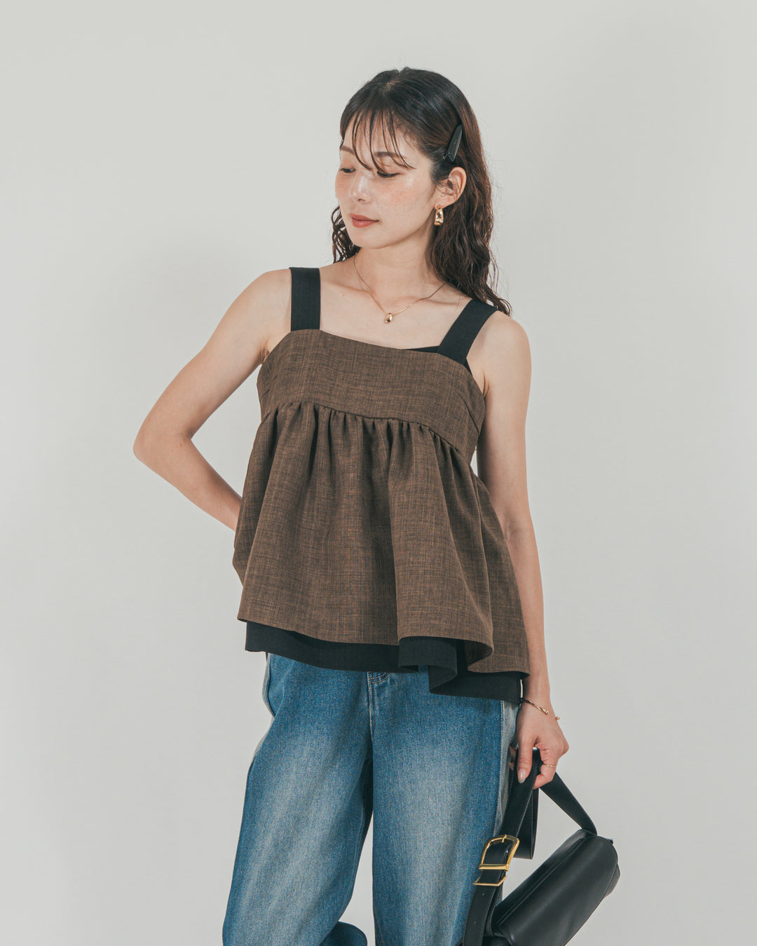 ［SET］スラブTweedバイカラーティアードキャミ + 10oz サイドタック リラックスデニムパンツ（2SET）