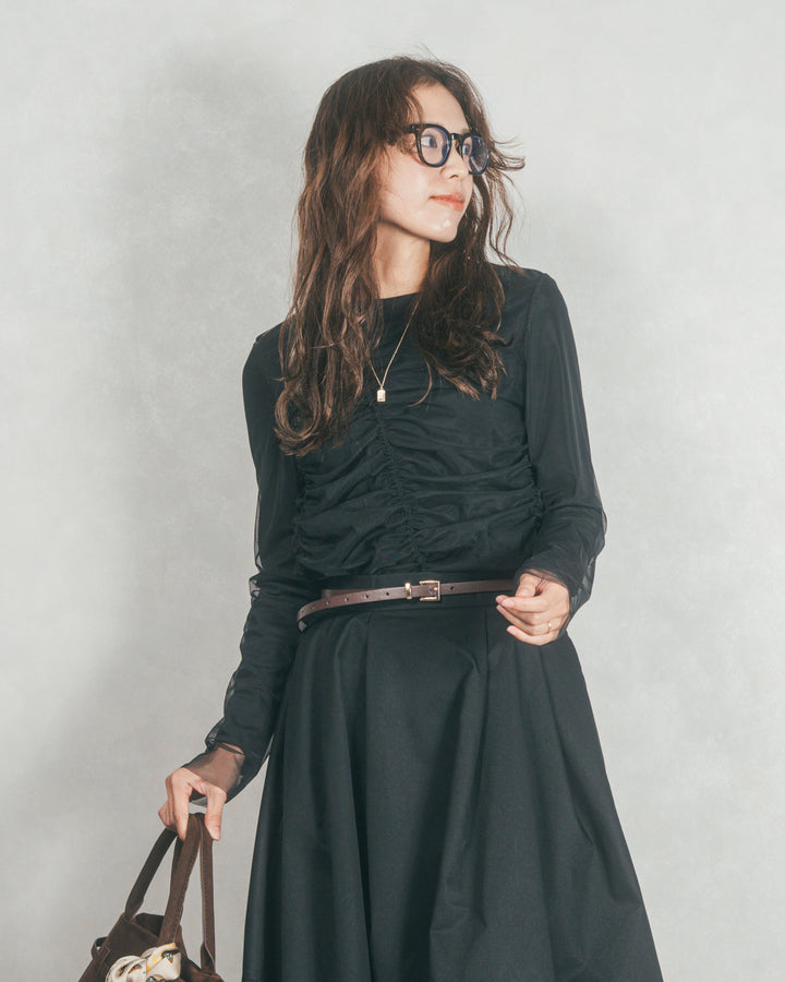 ［SET］【2枚SET】チュールシャーリングトップス＆リブトップス+コクーンシルエットロングスカート（2SET）