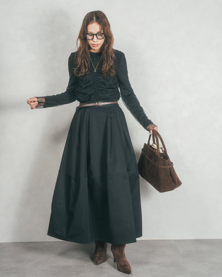 ［SET］【2枚SET】チュールシャーリングトップス＆リブトップス+コクーンシルエットロングスカート（2SET）