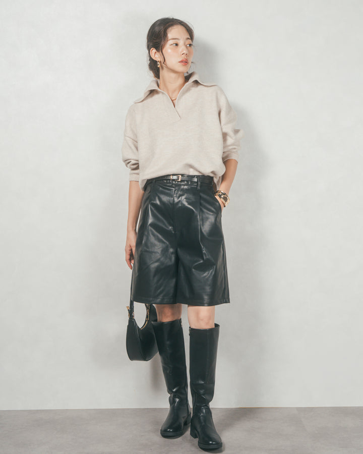 ［SET］サイドスリット襟付きスキッパーニット+レザーライクハーフパンツ（2SET）