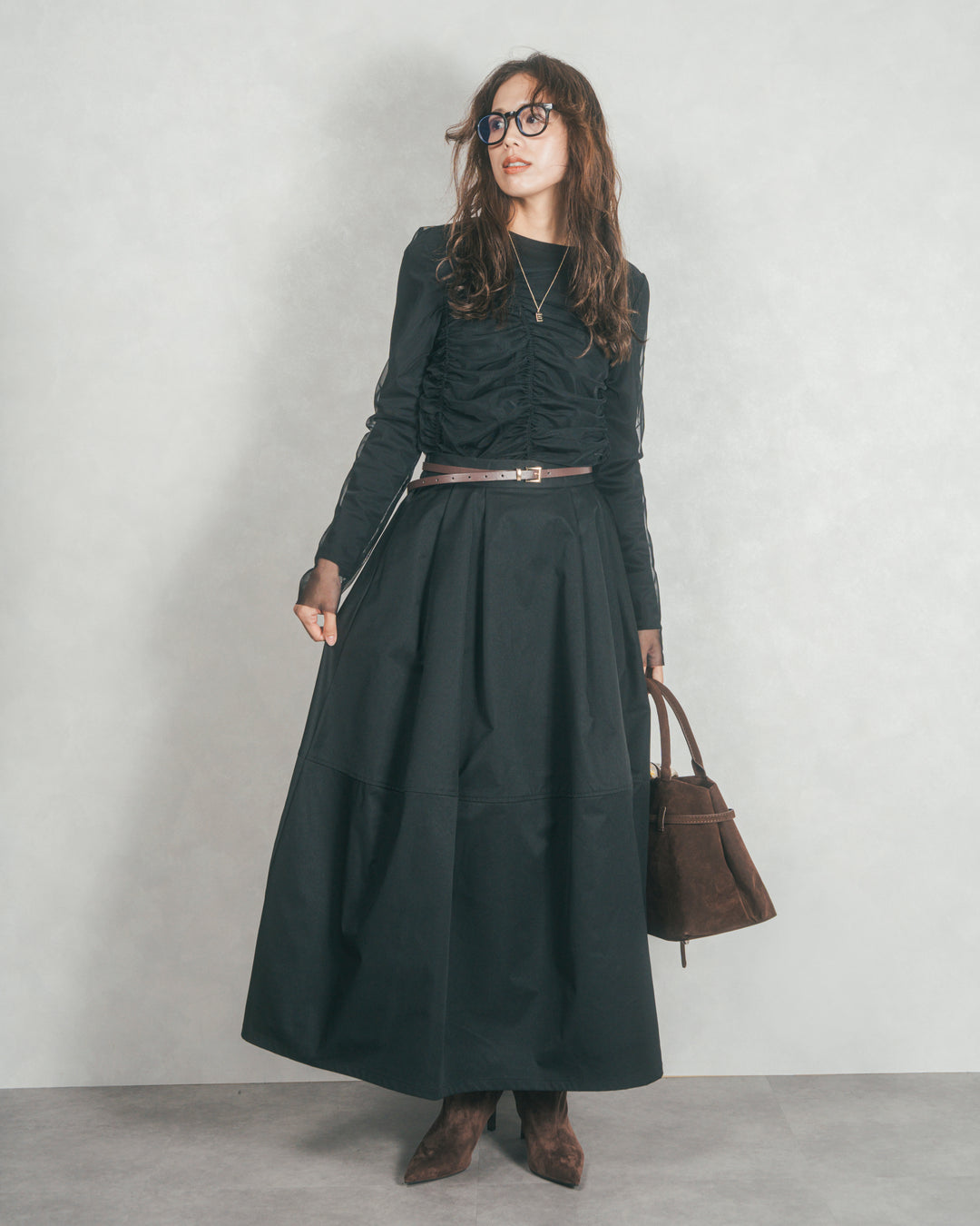 ［SET］【2枚SET】チュールシャーリングトップス＆リブトップス+コクーンシルエットロングスカート（2SET）