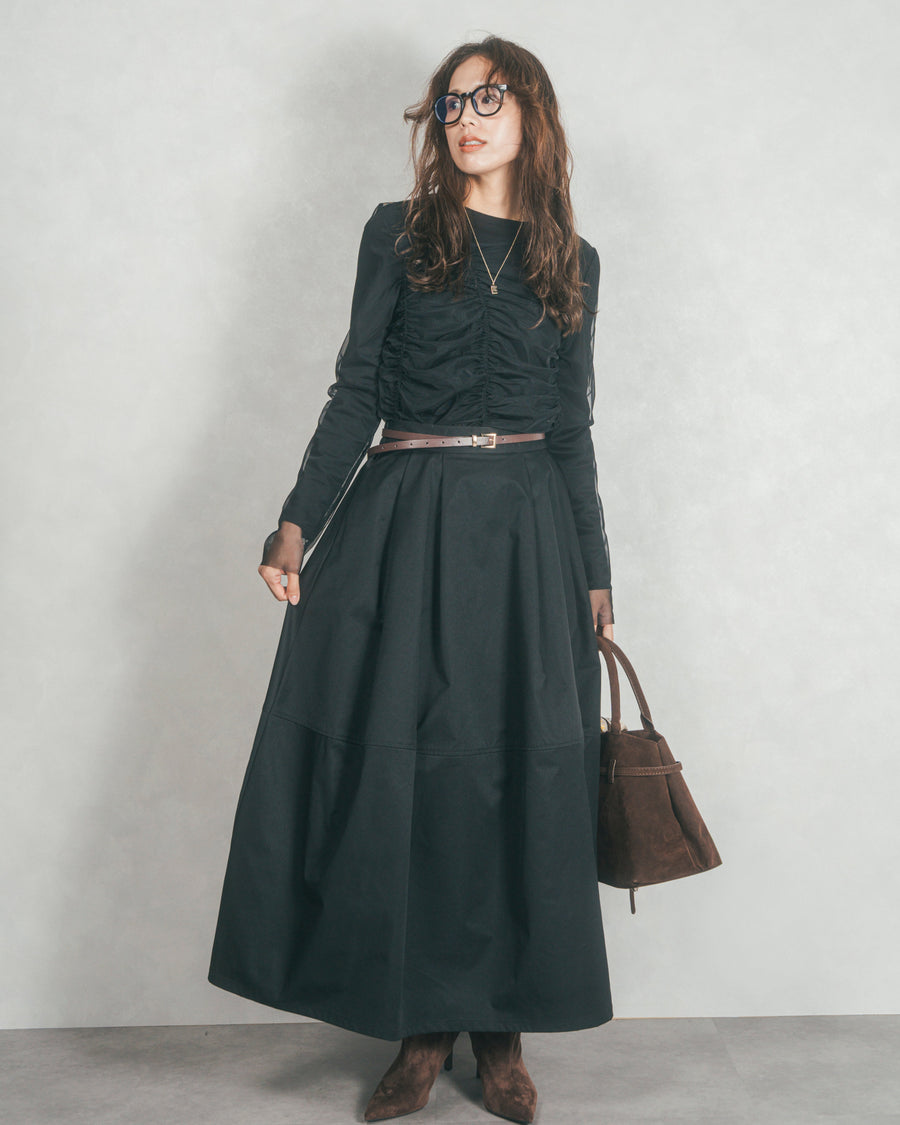 ［SET］【2枚SET】チュールシャーリングトップス＆リブトップス+コクーンシルエットロングスカート（2SET）