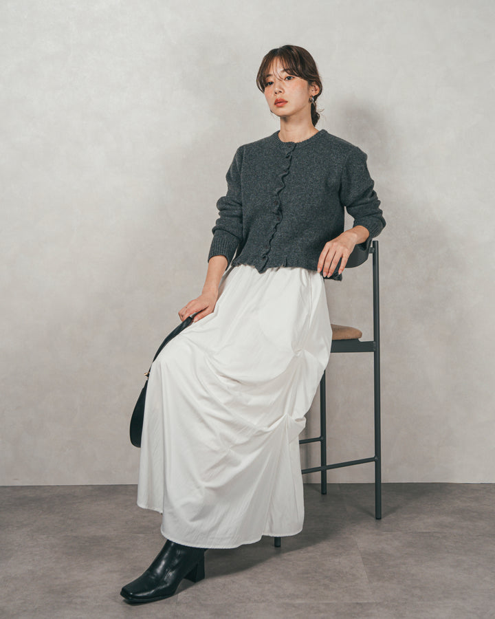 ［SET］フロントフリルメランジニットカーデ+ヴィンテージブロードランダムタックスカート（2SET）