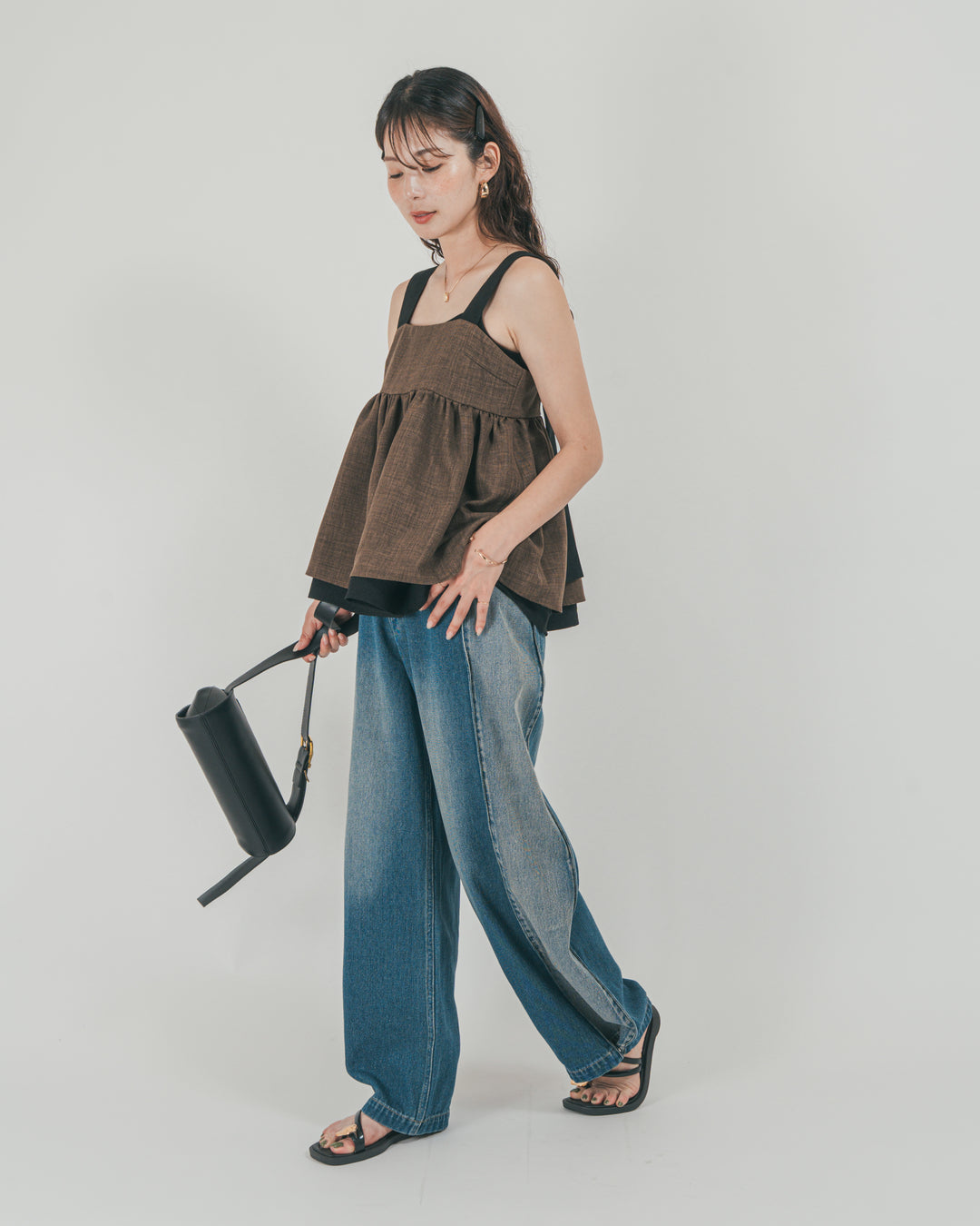 ［SET］スラブTweedバイカラーティアードキャミ + 10oz サイドタック リラックスデニムパンツ（2SET）