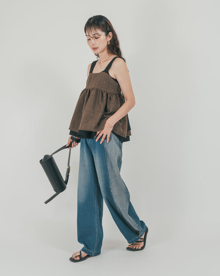 ［SET］スラブTweedバイカラーティアードキャミ + 10oz サイドタック リラックスデニムパンツ（2SET）