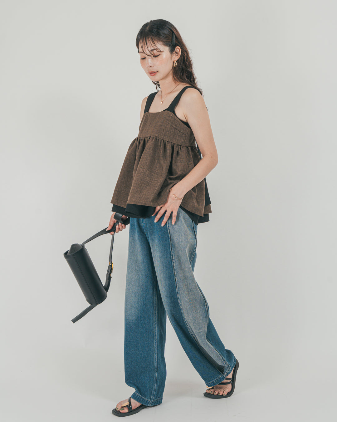 ［SET］スラブTweedバイカラーティアードキャミ + 10oz サイドタック リラックスデニムパンツ（2SET）