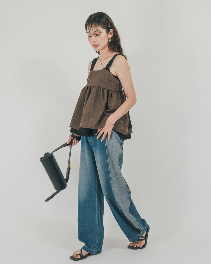 ［SET］スラブTweedバイカラーティアードキャミ + 10oz サイドタック リラックスデニムパンツ（2SET）