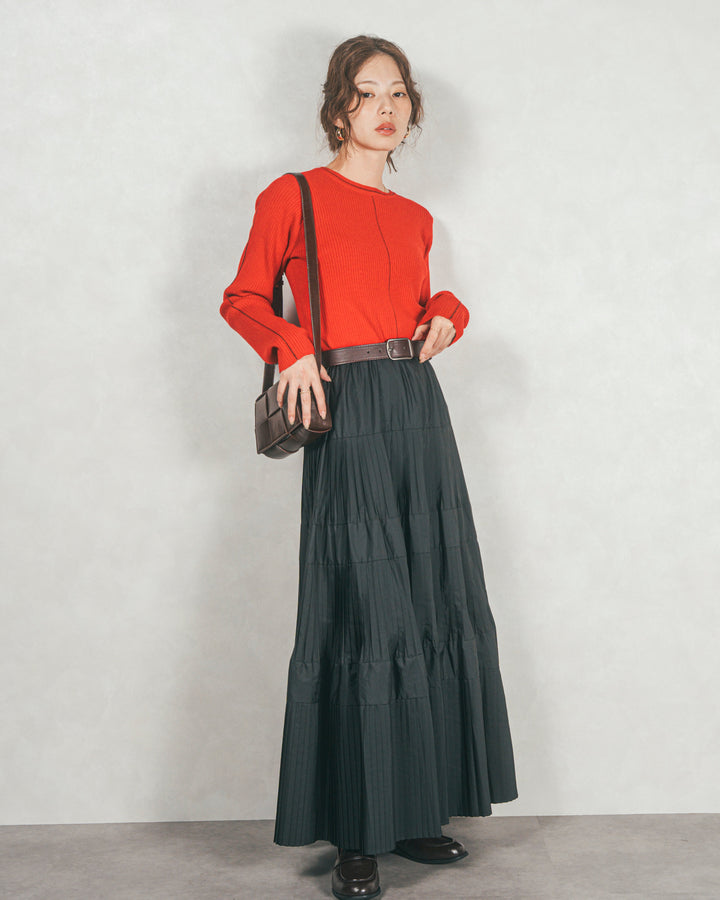 ［SET］Line Rib クルーネックニット+プリーツティアードLongスカート