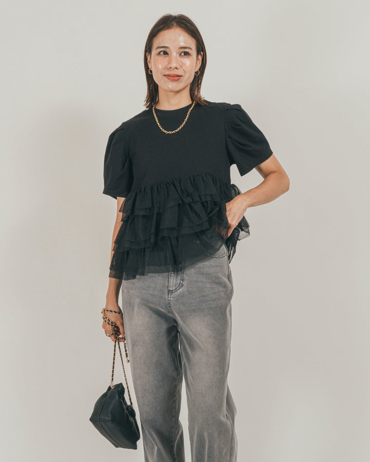 ［SET］チュールフリル ペプラムTシャツ + 接触冷感 10oz裾レースデニム（2SET）