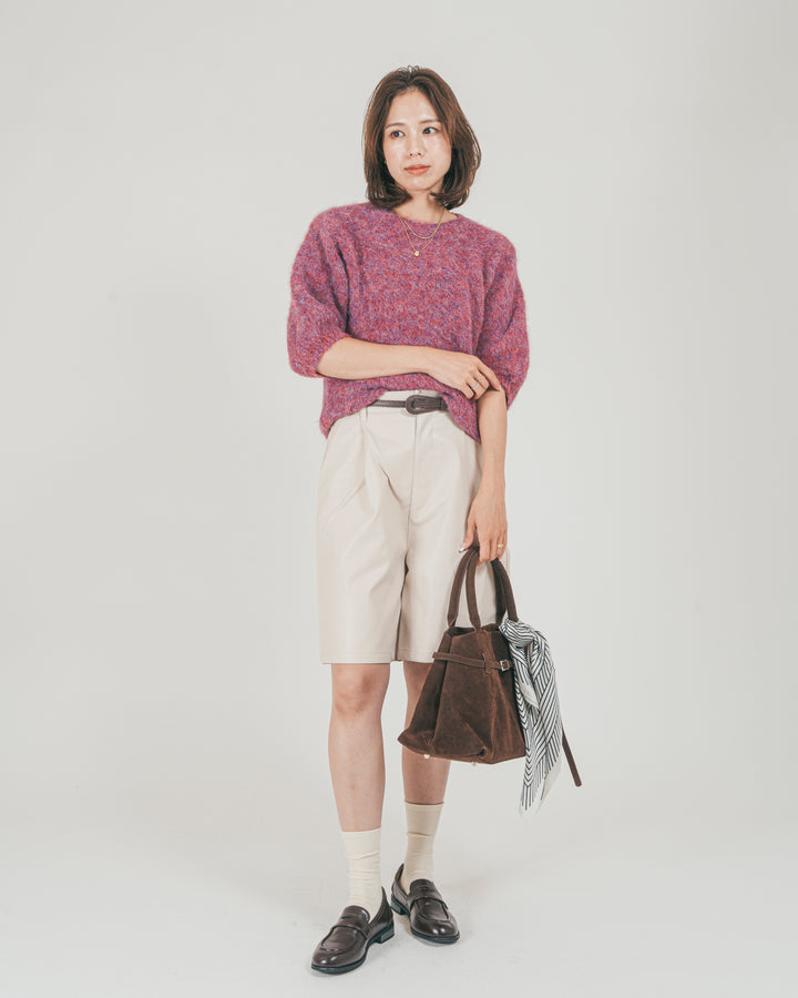 ［SET］フェザータッチハーフスリーブニット + レザーライクハーフパンツ（2SET）