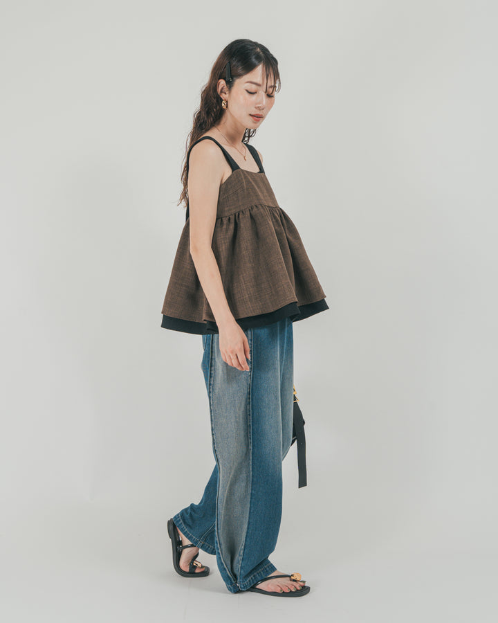 ［SET］スラブTweedバイカラーティアードキャミ + 10oz サイドタック リラックスデニムパンツ（2SET）